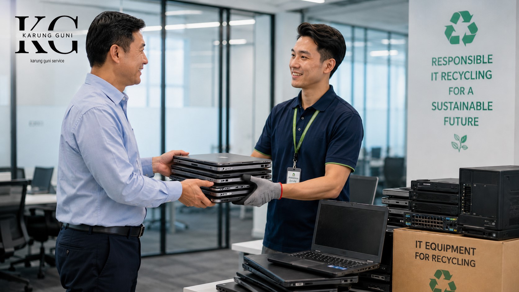 A bright, professional office setting showing an IT manager handing a stack of enterprise laptops to a uniformed Karung Guni Singapore representative. - IT manager handing over old corporate laptops to a certified Karung Guni Singapore recycling specialist