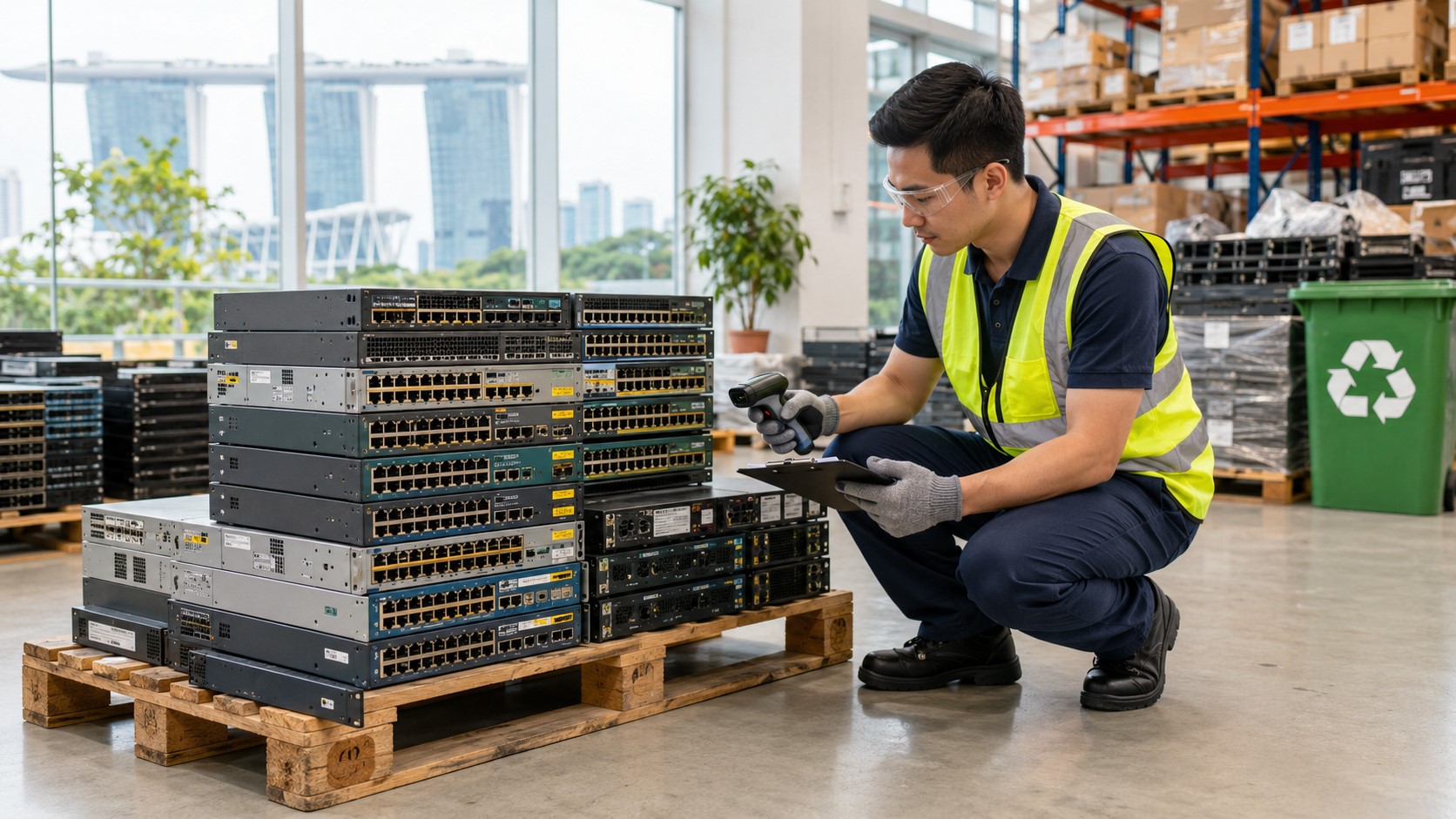 Warehouse worker scanning networking equipment