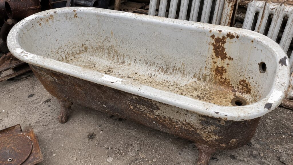 Rusty bathtub in a junkyard setting