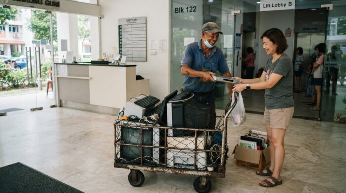 A Karung Guni worker collecting a trolley of electronics from a building lobby — shows the pickup process in action, builds trust.