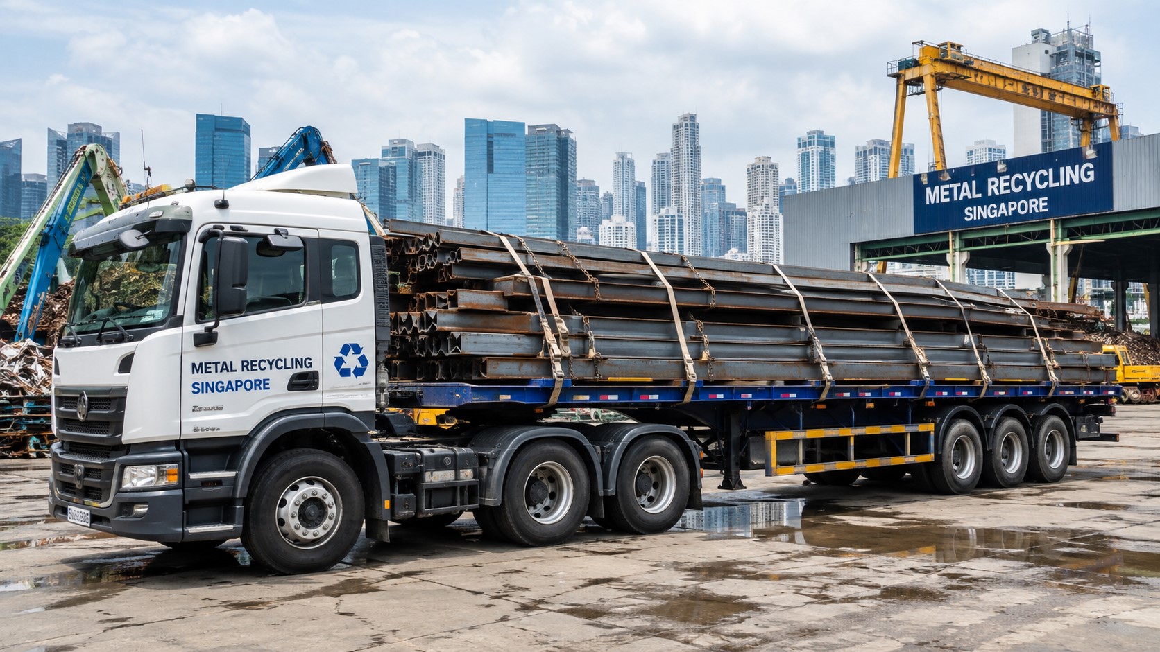 Heavy iron scrap loaded on a lorry for collection in Singapore