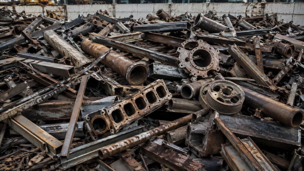 Types of heavy iron scrap including steel beams and cast iron pipes