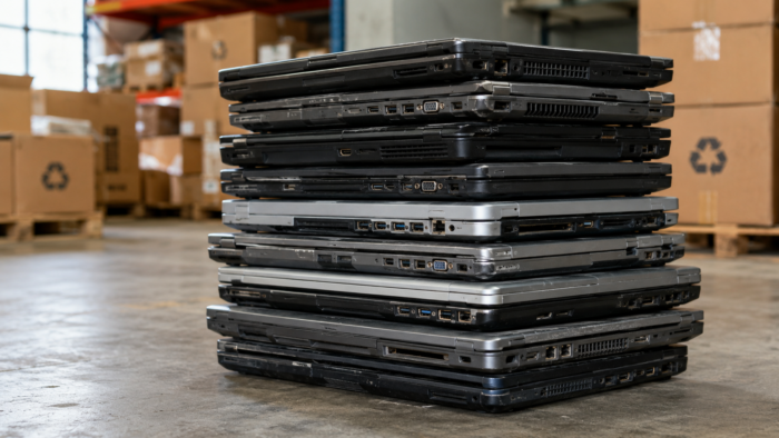 Stacked Laptops in an Industrial Warehouse
