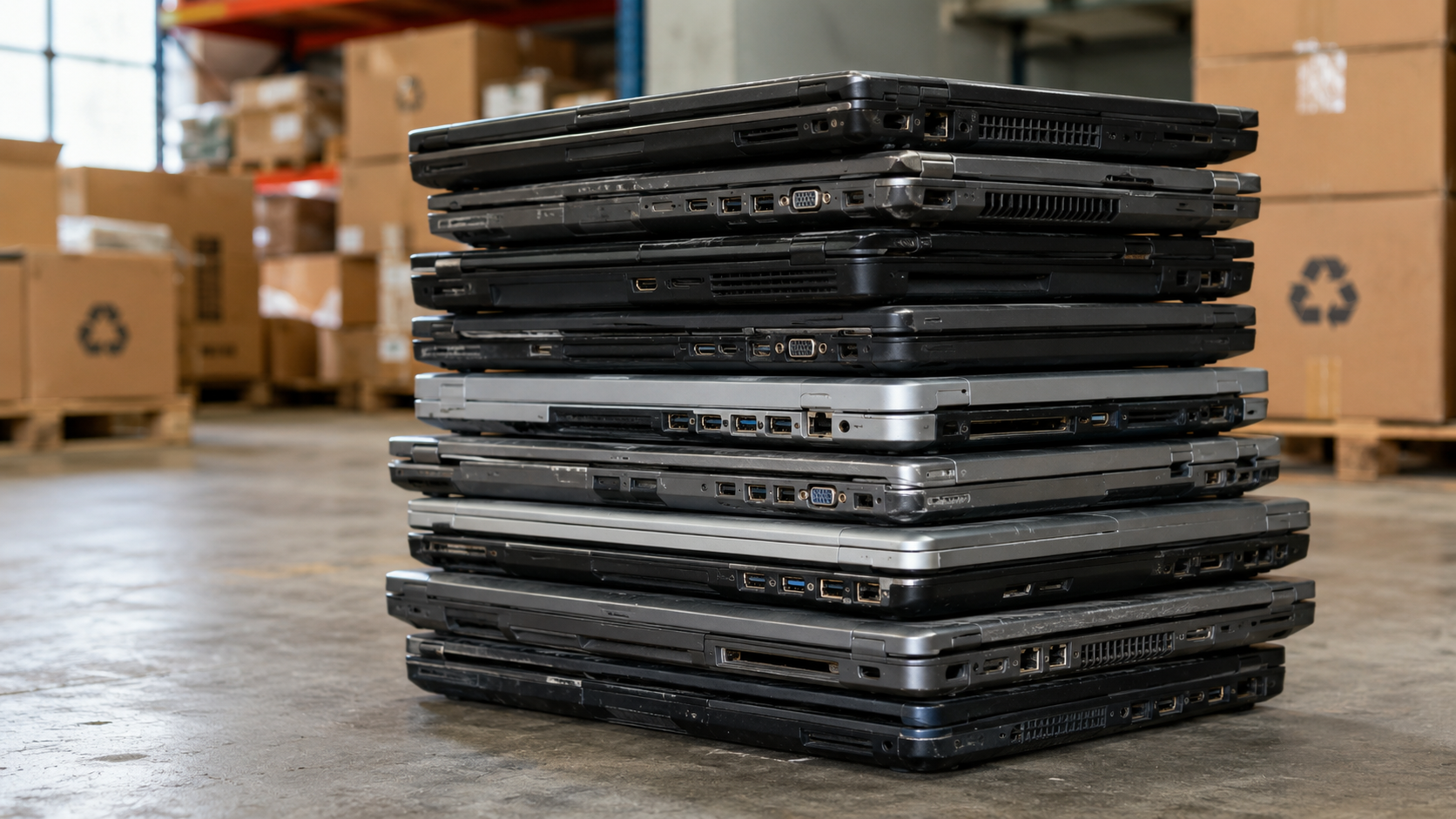 Stacked Laptops in an Industrial Warehouse