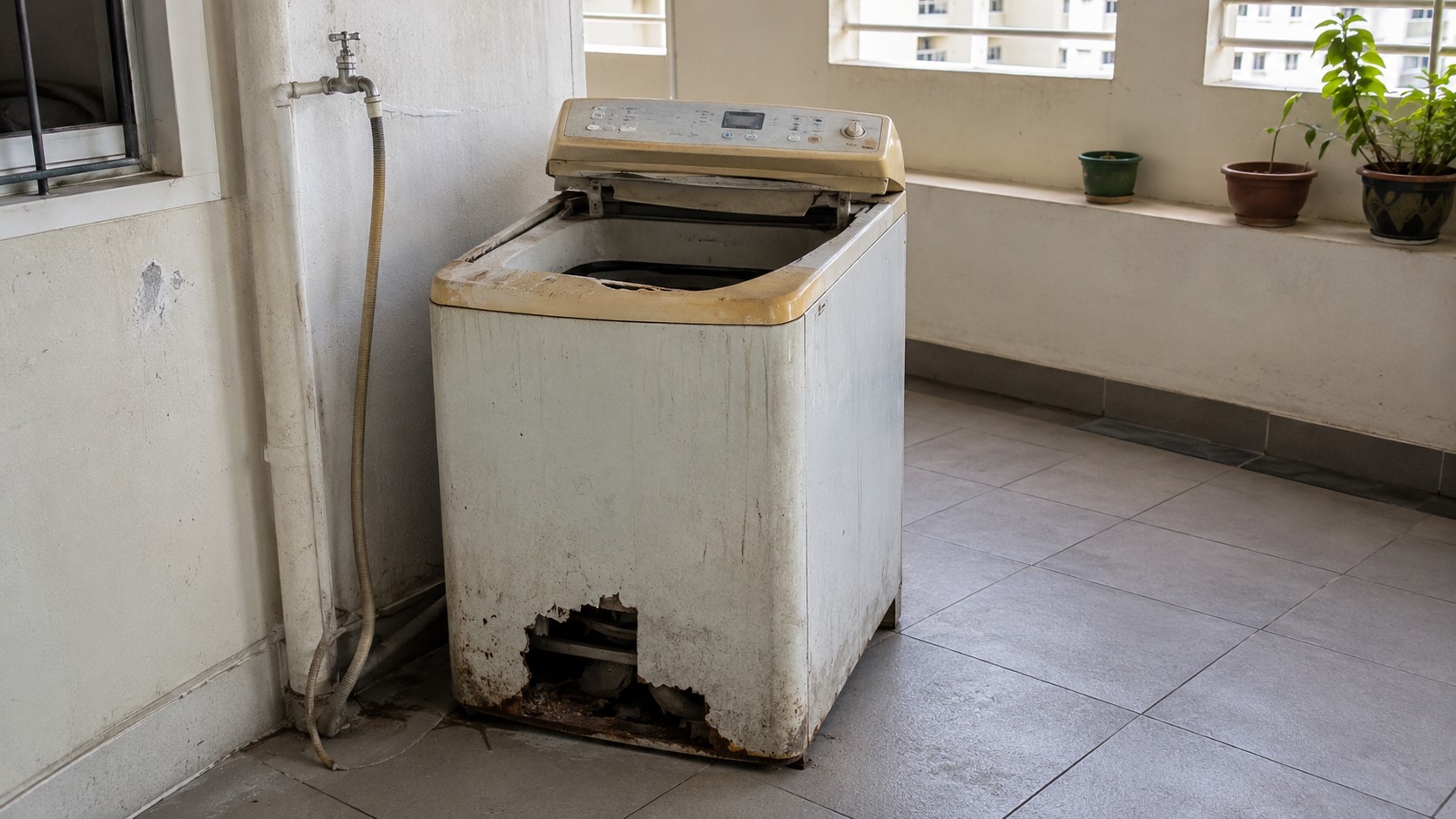 Spoilt washing machine ready for scrap collection in Singapore